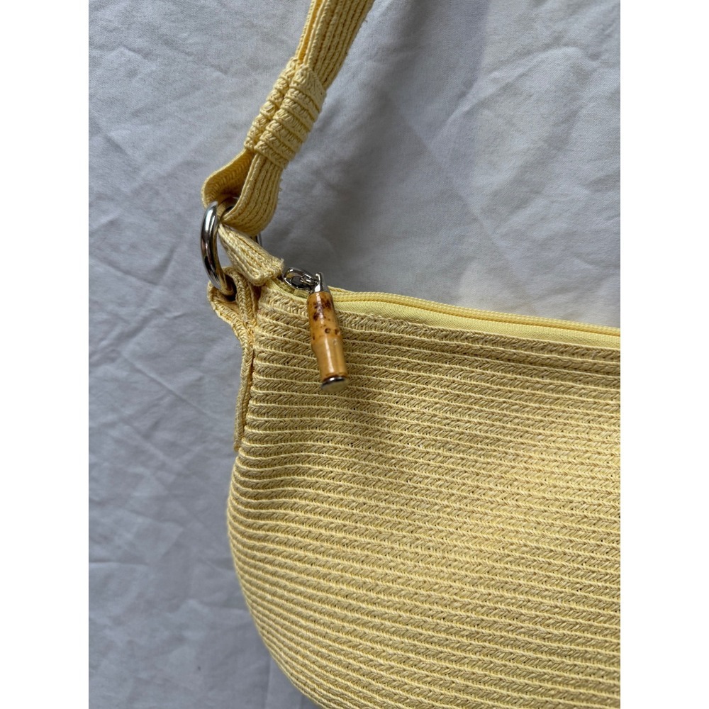 Talbots Yellow Woven Straw Shoulder Bag Pink Lining Bamboo Zip Pull Small - Picture 3 of 7